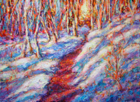 MIrja-Vahala-shadows-on-snow-14x18-acrylic-landscape Impressionistic painting of blue-violet shadows on snow and of a pathway leading to a copse of aspens.