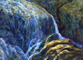 Mirja-Vahala-Channeling-18x24-acrylic-landscape Impressionistic painting of a streamlet channeling through stones.
