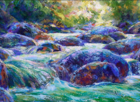 Mirja-Vahala-cool-vibes-12x36-acrylic-landscape Impressionistic painting of a creek and rocks showing water spilling around blue and purple boulders.