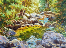 Mirja-Vahala-wishing-pond-18x18-acrylic-painting An impressionistic painting of a creek flowing into a pond, deep within a forest.