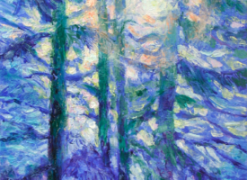 Impressionistic painting of a waterfall flowing into a creek and rocks