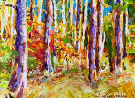 Mirja-vahala-celebration-9x12-acrylic-painting Impressionistic painting of tree trunks midst Fall shrubs and grasses.