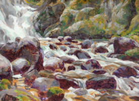 Mirja-Vahala-rock-n-roll-18-x-36-acrylic-painting Impressionistic painting of a waterfall flowing into a creek and rocks.