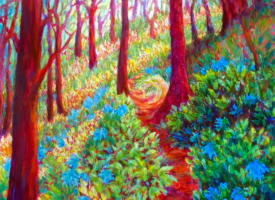 Mirja-vahala-where-to-30x30-acrylic-landscape Impressionistic painting of a red and purple path in a forest of flowers and shrubbery.