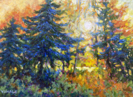 Mirja-Vahala-Warm-embrace-12x16-acrylic_landscape Impressionistic painting of a sun shining through blue-tinged trees in the Fall.