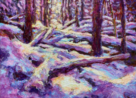 Mirja-Vahala-zig-zag-11x14-acrylic-painting Impressionistic painting of purple fallen trees zig-zagging to an opening in a snow-filled forest.