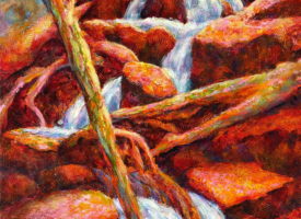 Mirja-Vahala_Bouldering-20x30-acrylic_landscape An impressionistic painting of a waterfall meandering between red and pink boulders.